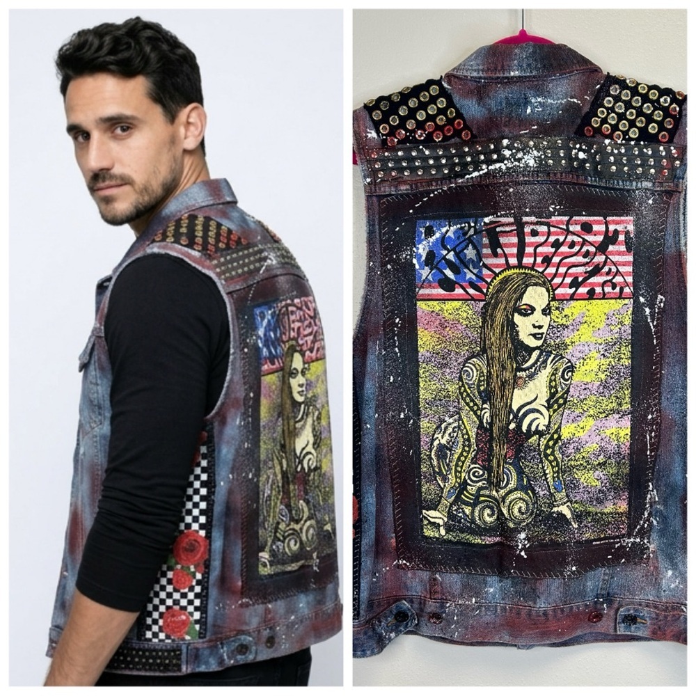 Upcycled Battle Vest L/XL Artistic Denim Vest Rare RHCP 90s Graphic Punk Rocker